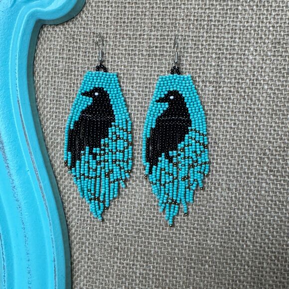 2/$20 Black Bird Teal Bead Fringe Raven Southwestern Earrings - Picture 5 of 8